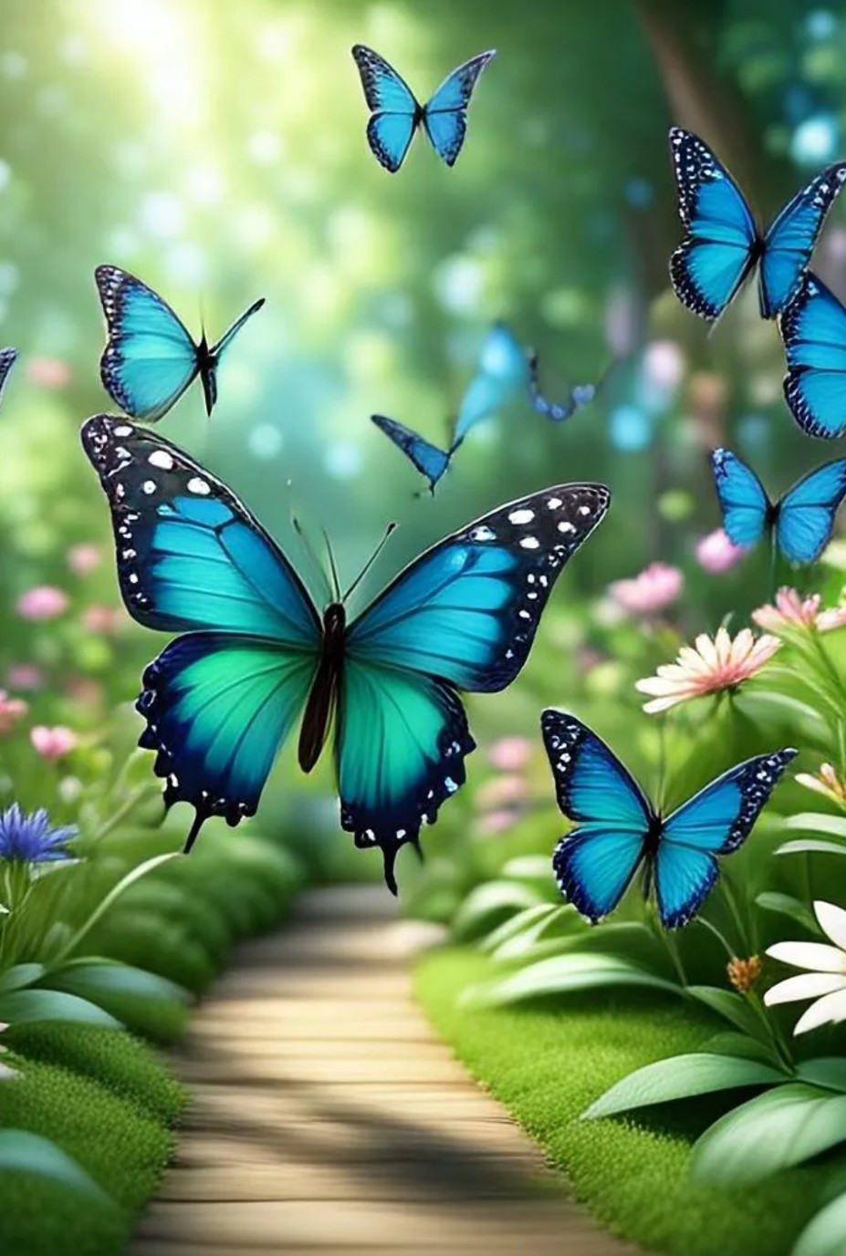 Blue butterflies rising above a sunlit garden path
