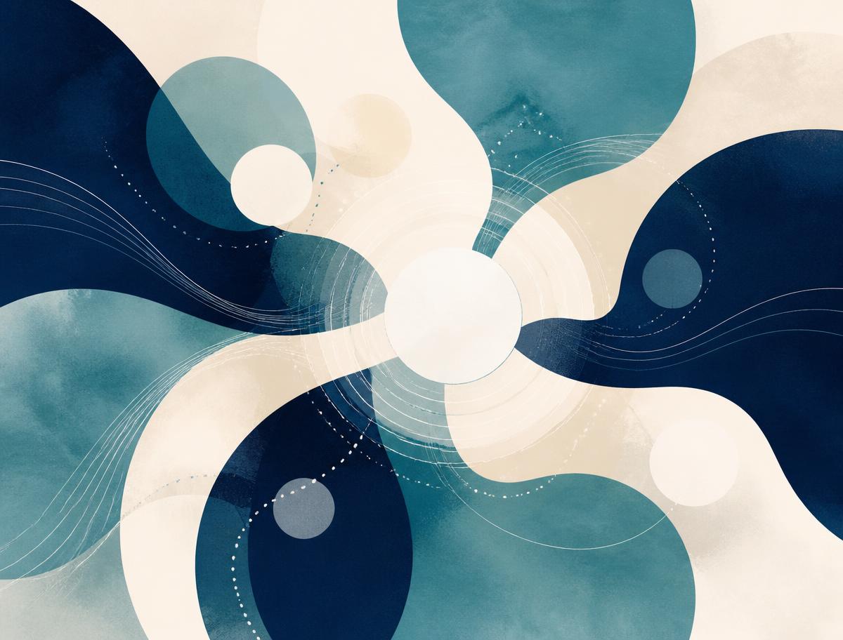 Abstract illustration of connected circles and flowing shapes representing shared humanity and community